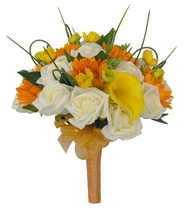 Yellow Calla Lily, Golden Sunflower, Buttercup & Rose Bridal Bouquet