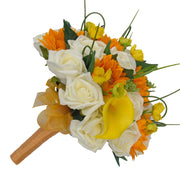 Yellow Calla Lily, Golden Sunflower, Buttercup & Rose Bridal Bouquet