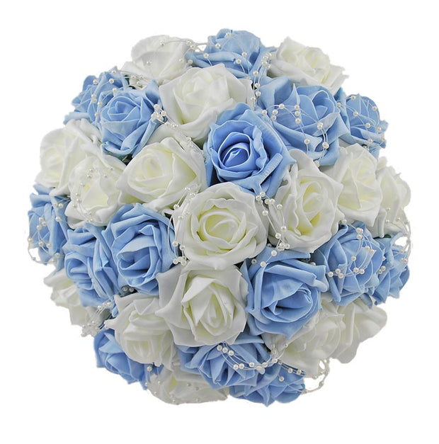 Brides Ivory & Blue Foam Rose & Pearl Loop Wedding Bouquet