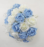 Brides Ivory & Blue Foam Rose & Pearl Loop Wedding Bouquet