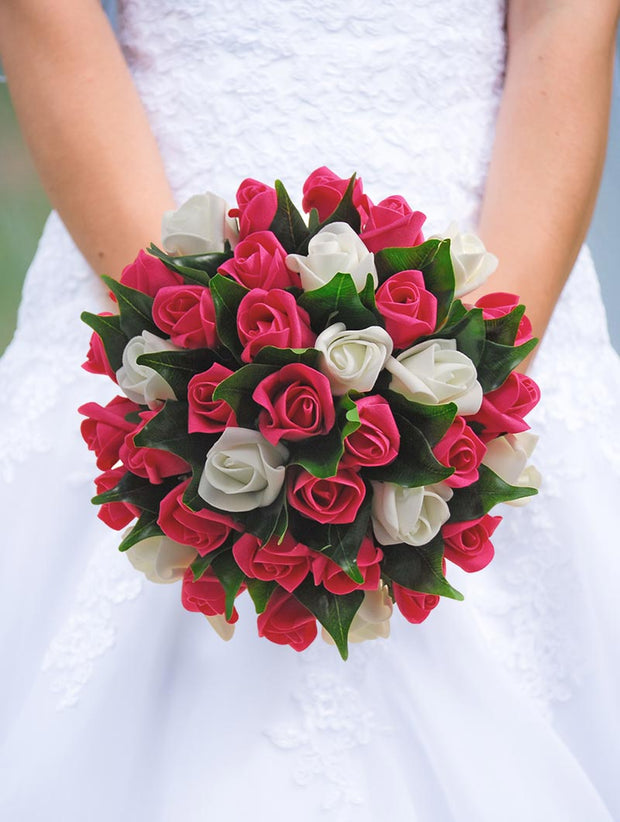 Brides Cerise Pink & Ivory Foam Rose Wedding Bouquet