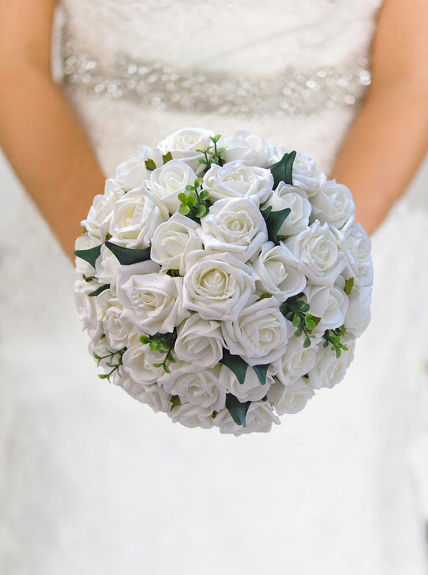 Brides Ivory Foam Rose, Eucalyptus & Ficus Wedding Posy Bouquet