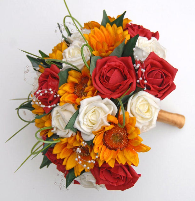 Brides Golden Silk Sunflower & Red Rose Pearl Wedding Bouquet