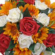 Brides Golden Silk Sunflower & Red Rose Pearl Wedding Bouquet