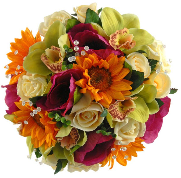 Brides Sunflower, Green Orchid & Cerise Silk Anemone Wedding Bouquet