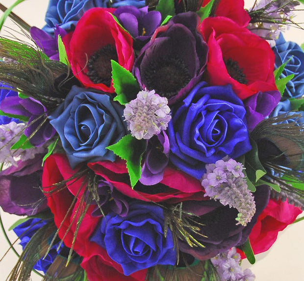 Brides Royal Blue, Teal Rose, Purple Silk Freesia, Lilac Veronica Bouquet