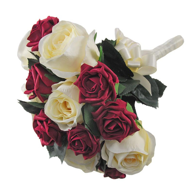Brides Ivory & Burgundy Foam Rose Wedding Posy Bouquet