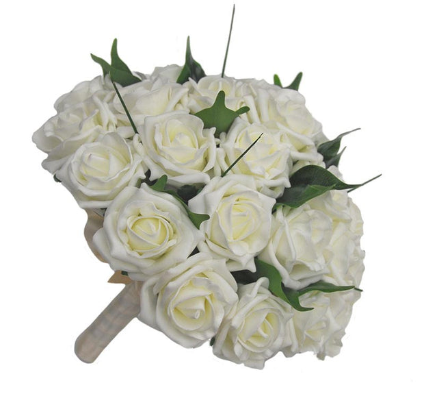 Brides Ivory Artificial Foam Rose & Green Ficus Wedding Bouquet