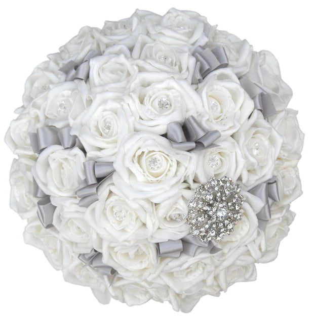 Brides Ivory Diamante Foam Rose & Silver Brooch Wedding Bouquet