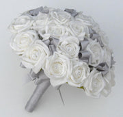 Brides Ivory Diamante Foam Rose & Silver Brooch Wedding Bouquet