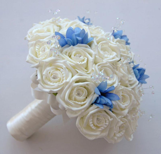 Brides Ivory Diamante Rose, Crystal & Blue Agapanthus Wedding Bouquet