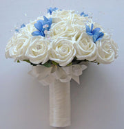 Brides Ivory Diamante Rose, Crystal & Blue Agapanthus Wedding Bouquet