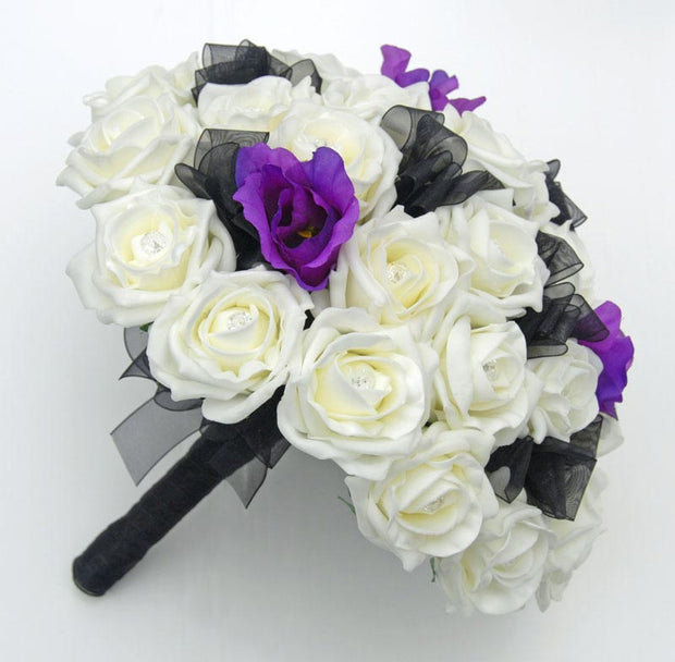 Brides Ivory Diamante Rose & Purple Lisianthus Wedding Bouquet