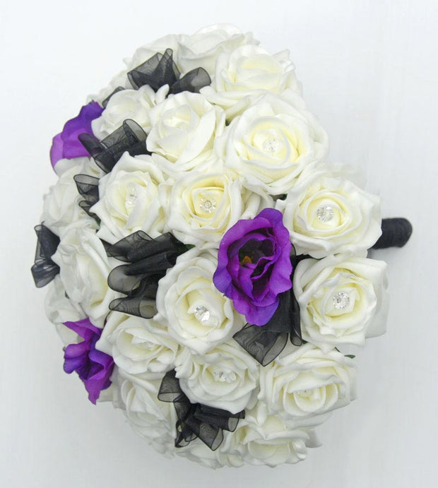 Brides Ivory Diamante Rose & Purple Lisianthus Wedding Bouquet