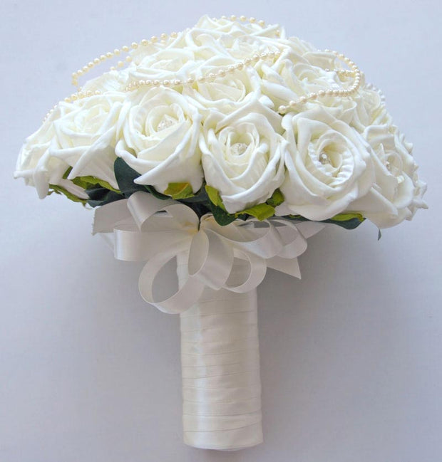 Brides Ivory Diamante Foam Rose & Pearl Wedding Bouquet