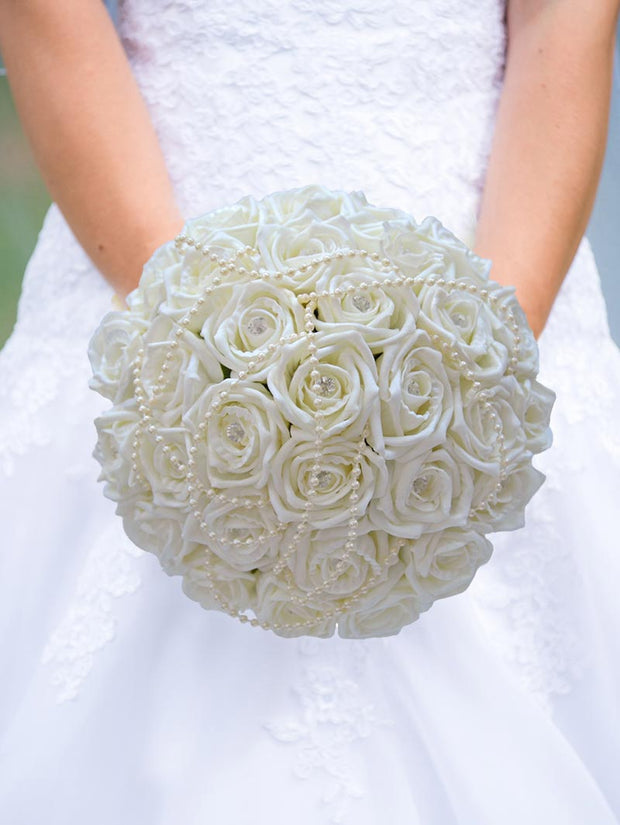 Brides Ivory Diamante Foam Rose & Pearl Wedding Bouquet