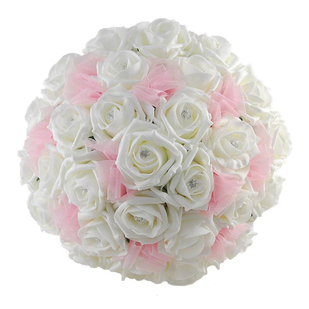 Brides Ivory Diamante Rose & Pink Organza Bow Wedding Bouquet