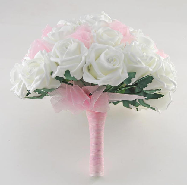 Brides Ivory Diamante Rose & Pink Organza Bow Wedding Bouquet