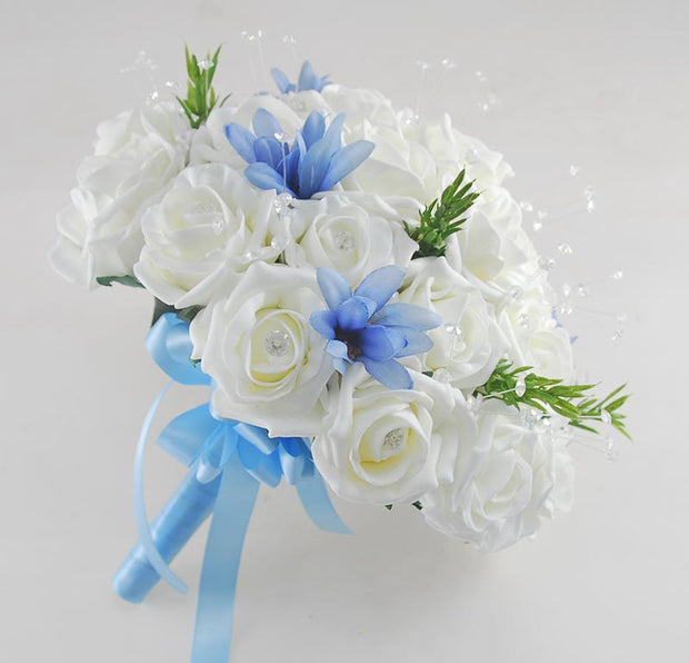 Brides Ivory Diamante Rose & Blue Agapanthus Crystal Wedding Bouquet