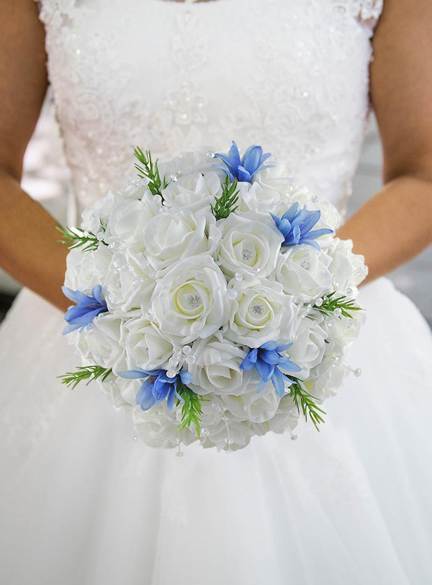 Brides Ivory Diamante Rose & Blue Agapanthus Crystal Wedding Bouquet