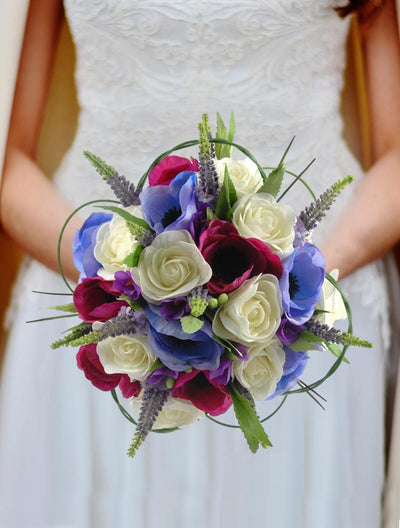 Brides Ivory Rose, Cerise & Blue Anemone Wedding Bouquet