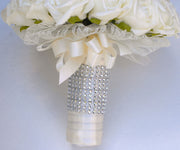 Brides Ivory Rose & Crystal Wedding Bouquet with Diamante Handle