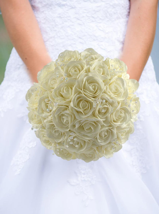 Brides Ivory Rose & Crystal Wedding Posy Bouquet