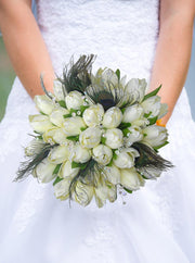 Brides Ivory Silk Tulip, Peacock Feather & Crystal Wedding Bouquet