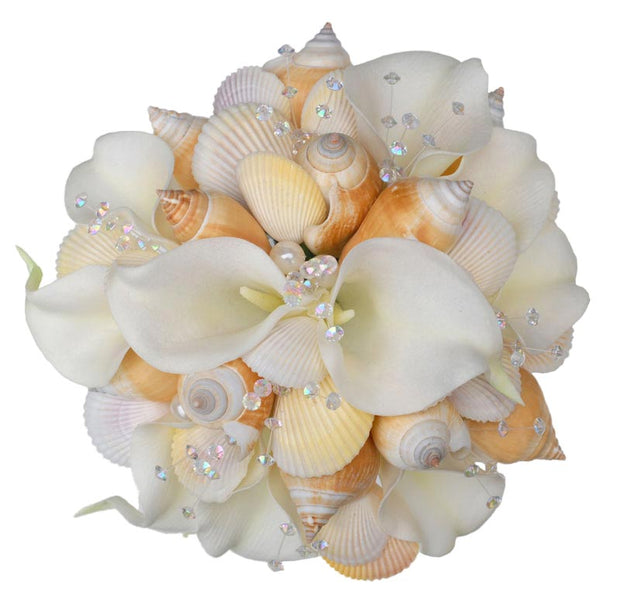 Brides Ivory Soft Touch Calla Lily, Crystal & Seashell Wedding Bouquet