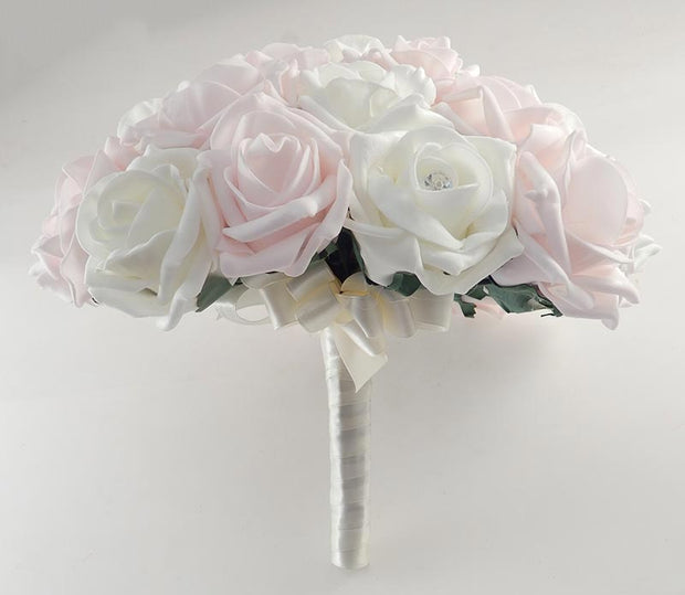 Brides Pink & Ivory Diamante Foam Rose Wedding Bouquet