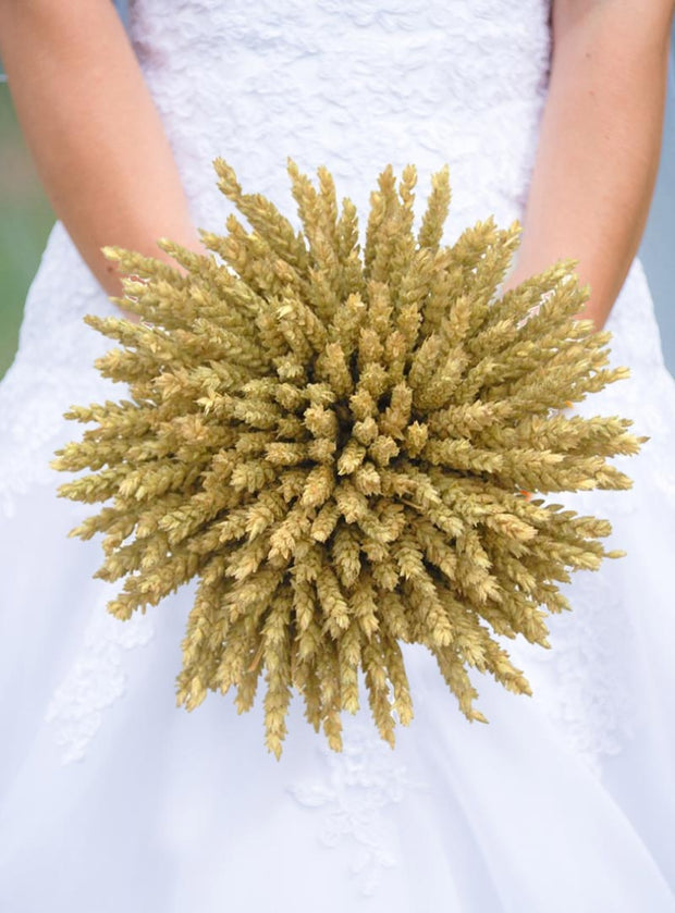 Brides Natural Dried Wheat Wedding Bouquet with Mocha Ribbon