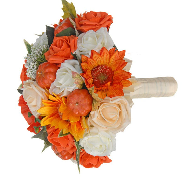 Brides Orange Rose, Sunflower & Artificial Pumpkin Wedding Bouquet