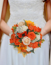 Brides Orange Rose, Sunflower & Artificial Pumpkin Wedding Bouquet