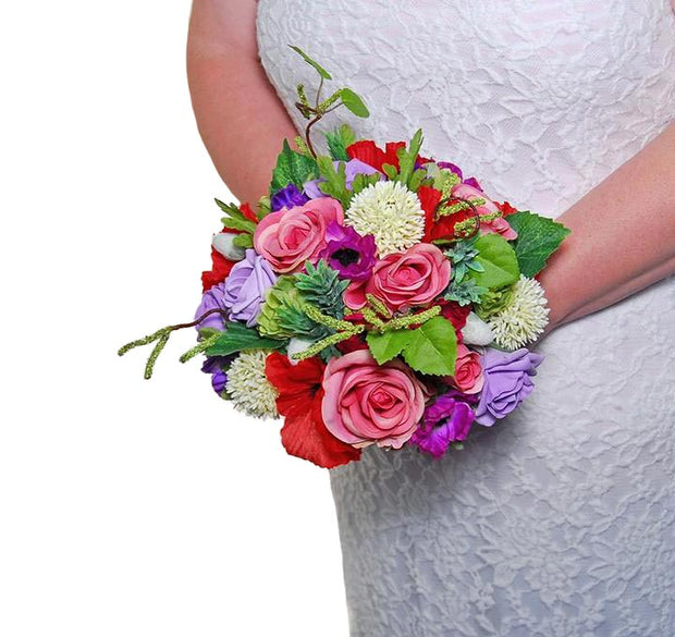 Brides Pink Rose, Red Silk Poppy, Purple Anemone & Hops Wedding Bouquet