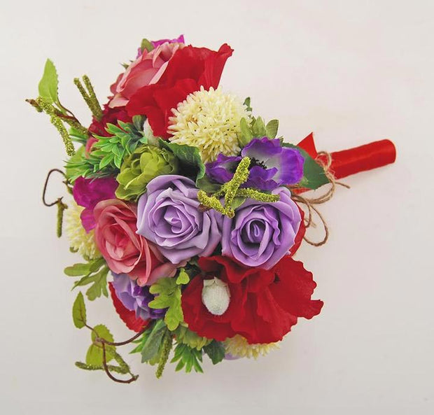 Brides Pink Rose, Red Silk Poppy, Purple Anemone & Hops Wedding Bouquet