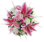 Brides Pink Silk Stargazer Lily & Ivory Rose Wedding Bouquet