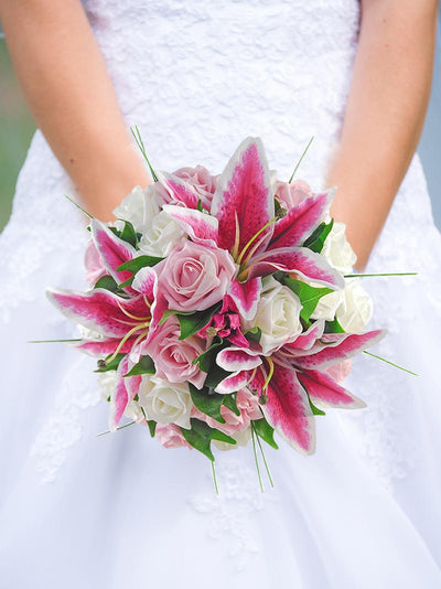 Brides Pink Silk Stargazer Lily & Ivory Rose Wedding Bouquet
