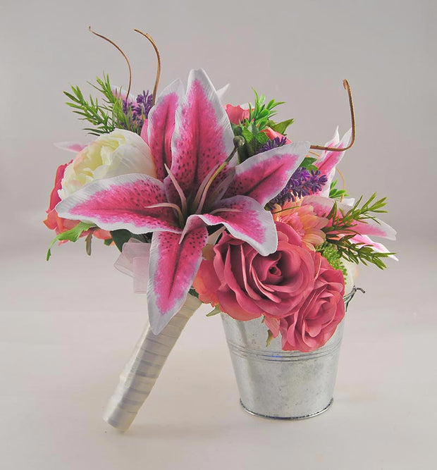 Brides Pink Stargazer Lily, Peony & Silk Rose Wedding Bouquet