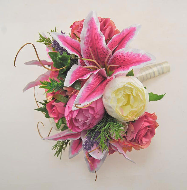 Brides Pink Stargazer Lily, Peony & Silk Rose Wedding Bouquet