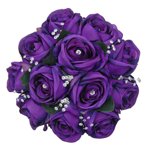 Brides Purple Silk Diamante Rose & Crystal Wedding Bouquet