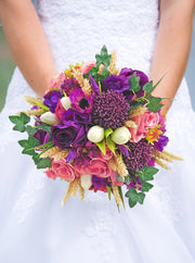 Brides Purple & Pink Rose Allium Dried Wheat Wedding Bouquet