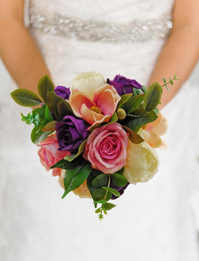 Brides Purple, Pink Silk Rose, Ivory Peony & Magnolia Wedding Bouquet