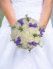 Brides Purple Silk Freesia, Rosemary & Ivory Rose Wedding Bouquet