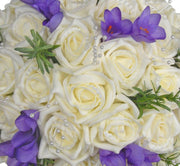Brides Purple Silk Freesia, Rosemary & Ivory Rose Wedding Bouquet