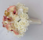Brides Ivory Diamante Rose, Orchid & Calla Lily Artificial Wedding Bouquet