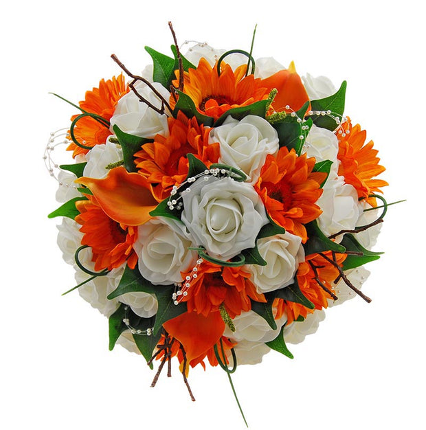 Brides Orange Silk Sunflower, Calla Lily, Ivory Rose & Pearl Bouquet