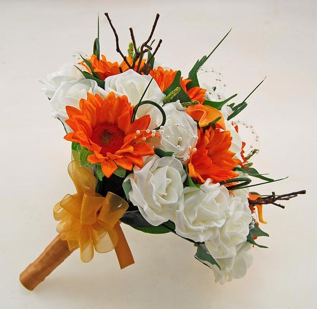 Brides Orange Silk Sunflower, Calla Lily, Ivory Rose & Pearl Bouquet