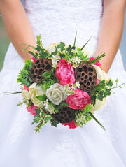 Brides Pink Silk Peony & Dried Lotus Wedding Bouquet