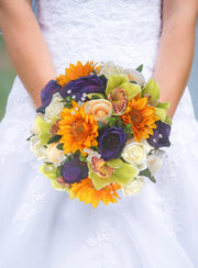 Brides Golden Sunflower, Green Orchid & Purple Anemone Wedding Bouquet