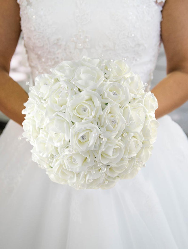 Brides Ivory Diamante Foam Rose & Crystal Wedding Bouquet
